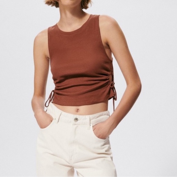 Zara brown ribbed side cutout cropped tank top - Picture 2 of 13